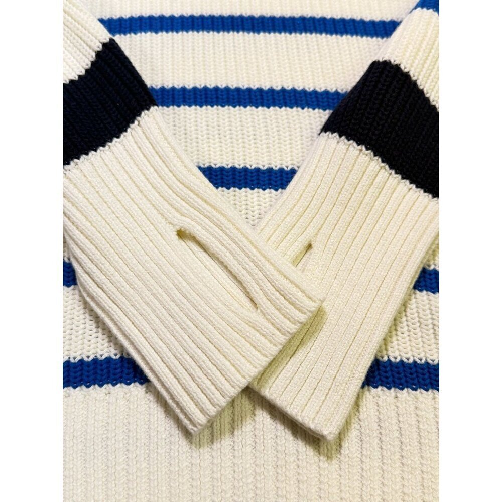 T by Talbots Multi Stripe Crewneck High-Low Sweater Ivory Blue Medium - Picture 9 of 11